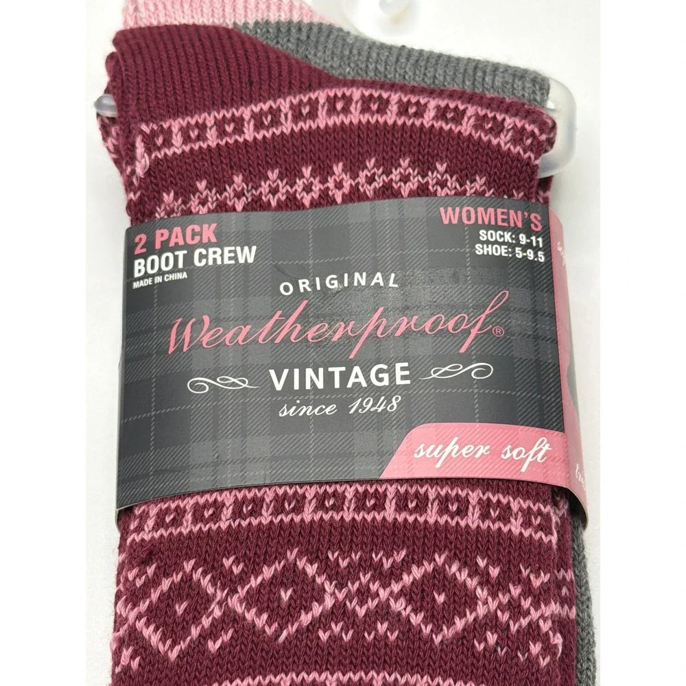 Weatherproof Vintage Women's 2 Pack Boot Crew Socks‎ Burgundy Fair Isle Soft